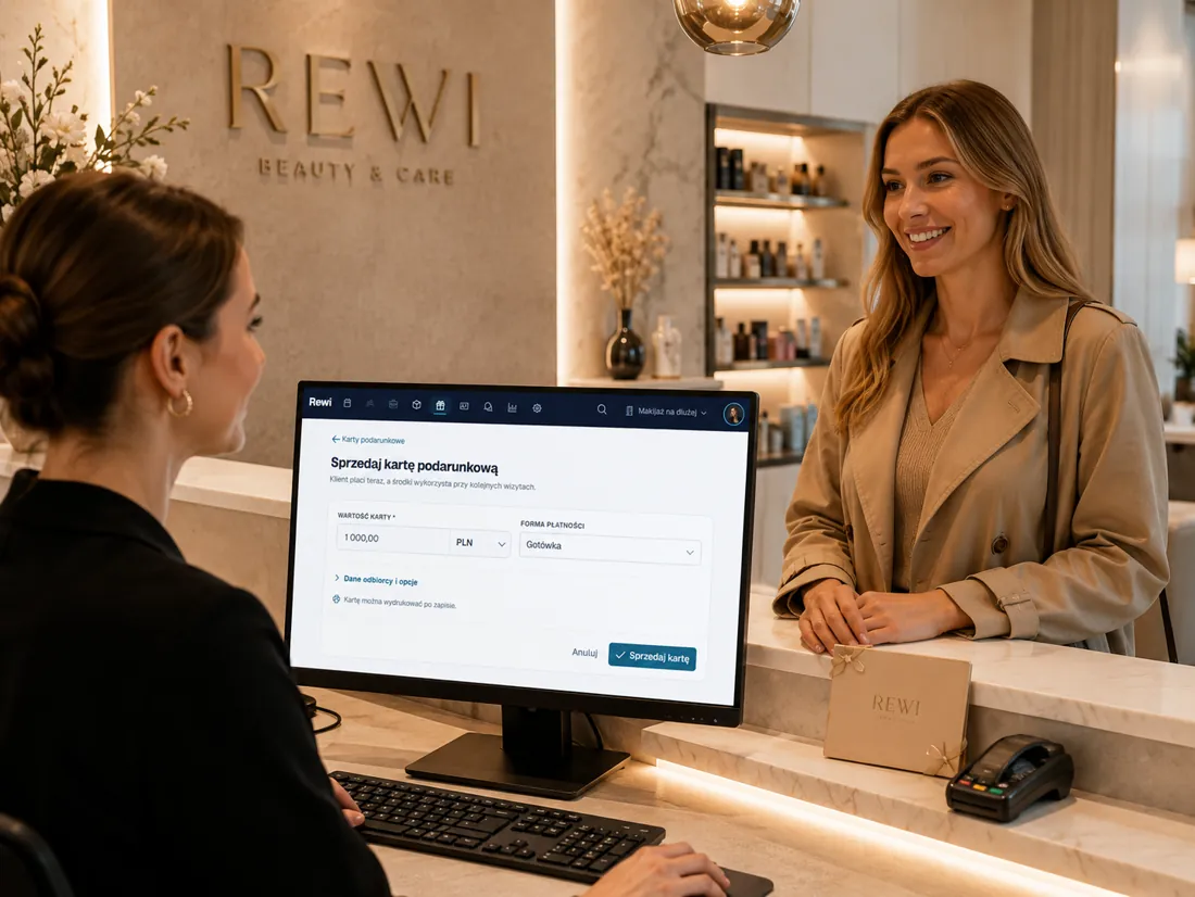 Sprzedaż karty podarunkowej Rewi na ekranie w recepcji salonu beauty